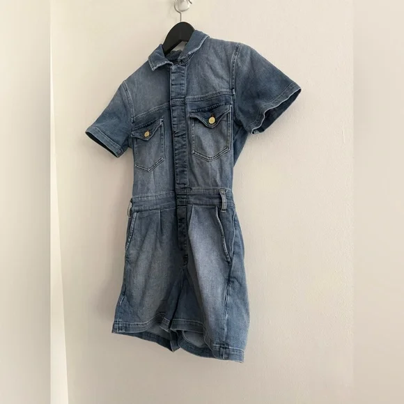 FRAME Denim Jean Romper Short Sleeve Belted Blue Jumpsuit Pleated Front Pockets - Picture 3 of 8